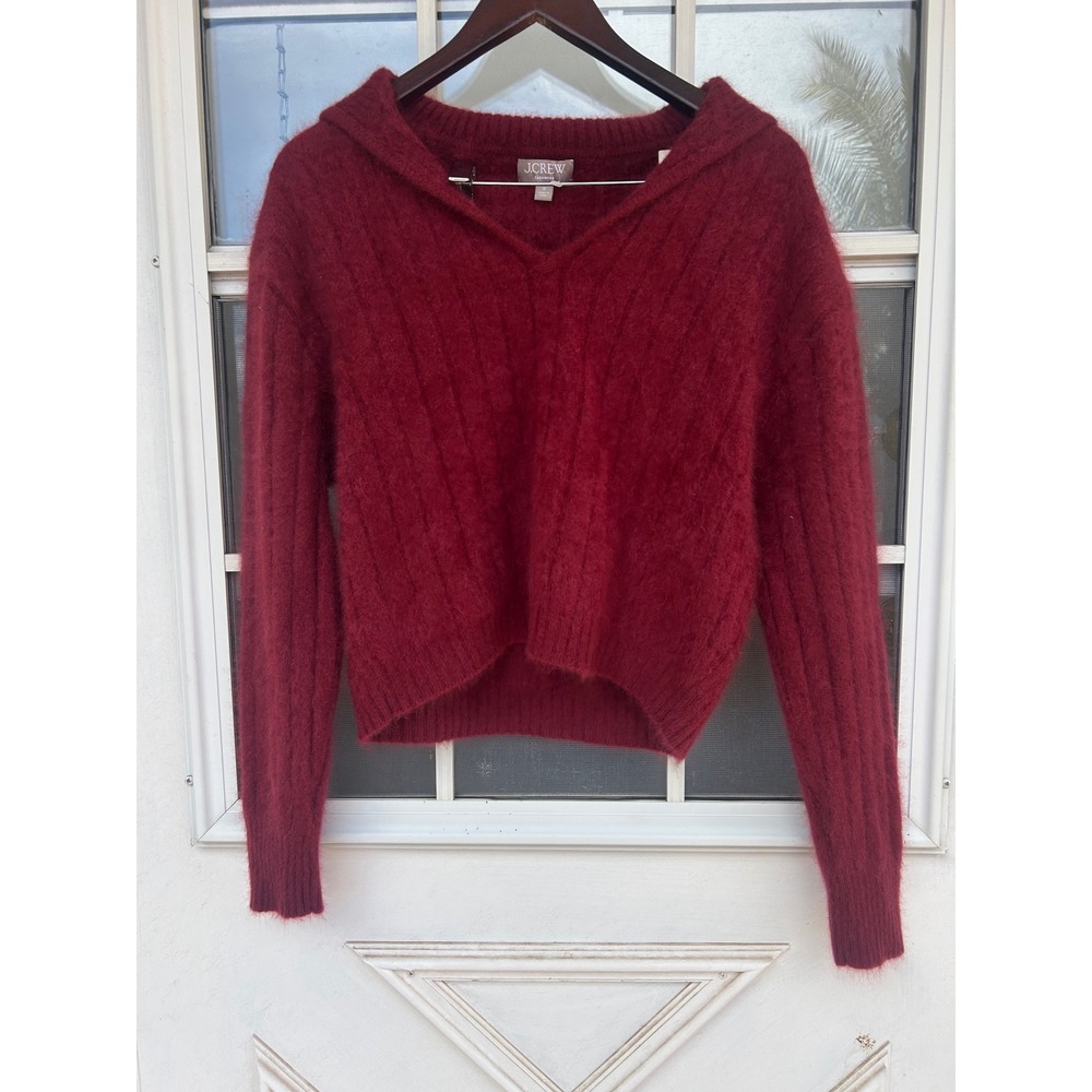 J.Crew Womens Burgundy 100% Cashmere Ribbed V-Neck Collared Sweater M Fall - Picture 8 of 13